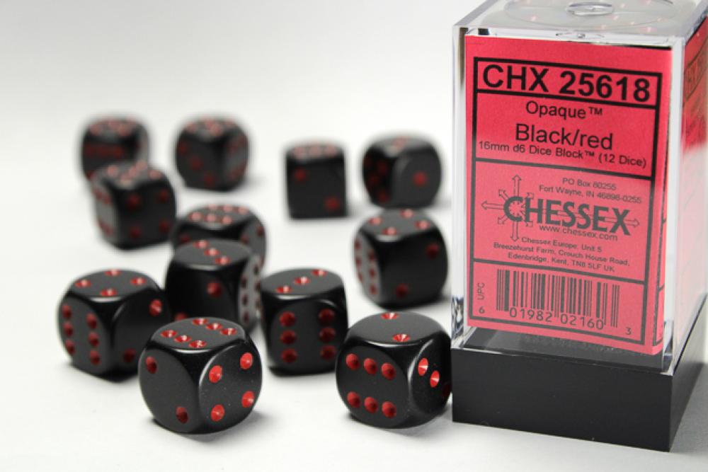 CHX 25618 OPAQUE 16MM D6 BLACK/RED DICE 12