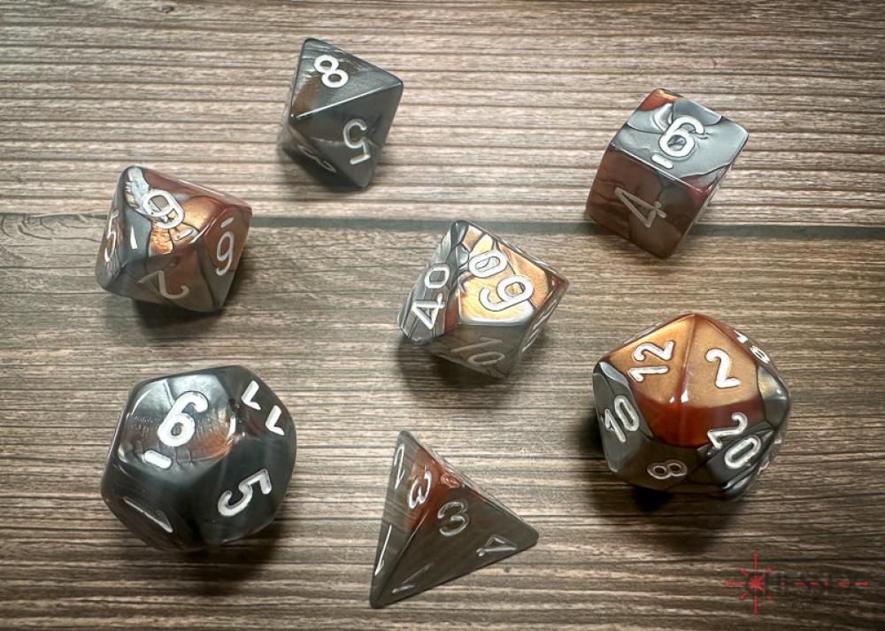 CHX 26424 GEMINI COPPER-STEEL/WHITE POLYHEDRAL 7-DICE SET