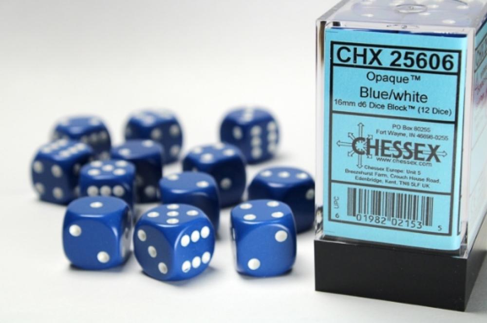 CHX 25606 BLUE W/WHITE DICE SET 16MM D6 12DICE