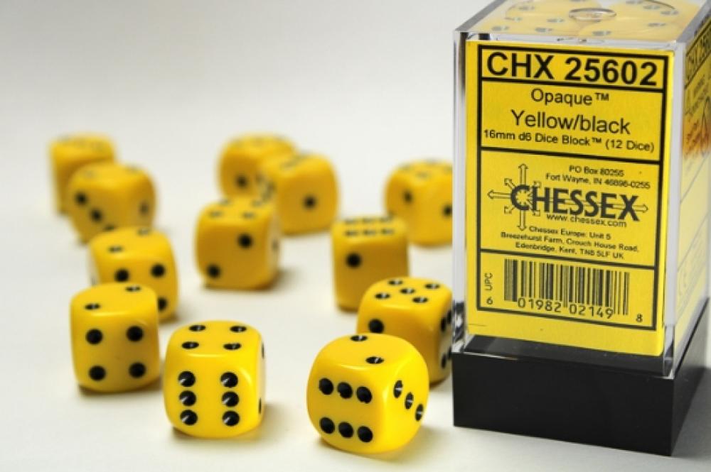 CHX 25602 OPAQUE 16MM D6 YELLOW/BLACK DICE 12