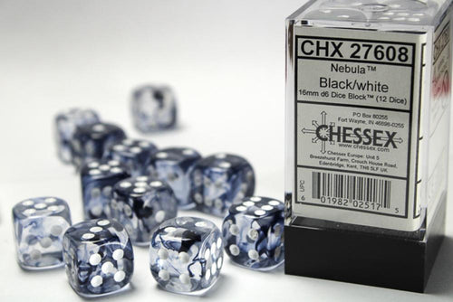 CHX 27608 NEBULA 16MM D6 BLACK/WHITE DICE 12