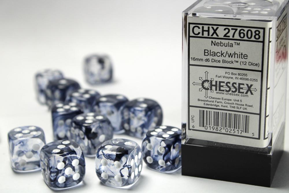 CHX 27608 NEBULA 16MM D6 BLACK/WHITE DICE 12