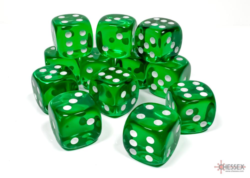 CHX 23605 TRANSLUCENT 16MM D6 GREEN/WHITE DICE 12
