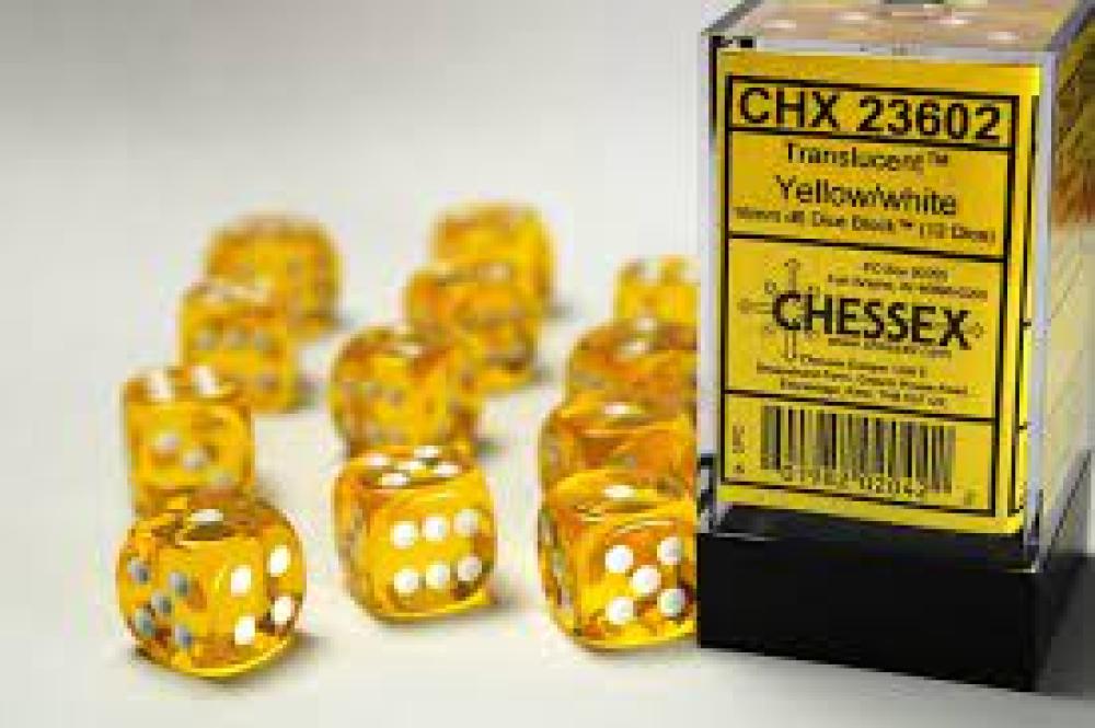 CHX 23602 TRANSLUCENT 16MM D6 YELLOW/WHITE DICE 12