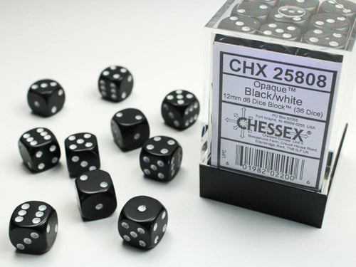 CHX 25808 OPAQUE 12MM D6 BLACK/WHITE DICE 36
