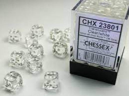 CHX 23801 TRANSLUCENT 12MM D6 CLEAR/WHITE DICE 36