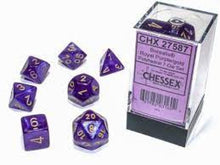 Load image into Gallery viewer, CHX 27587 BOREALIS ROYAL PURPLE GOLD 7 DICE SET LUMINARY EFFECT
