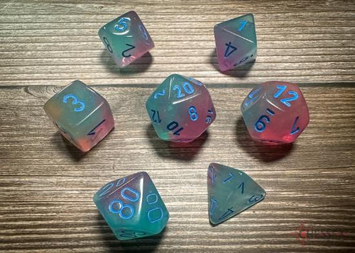 CHX 26464 GEMINI GEL GREEN-PINK/BLUE LUMINARY POLYHEDRAL 7-DICE SET