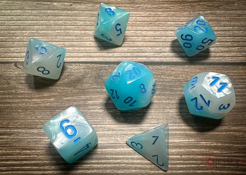 CHX 26465 GEMINI PEARL TURQUOISE-WHITE/BUE LUMINARY POLYHEDRAL 7-DICE SET