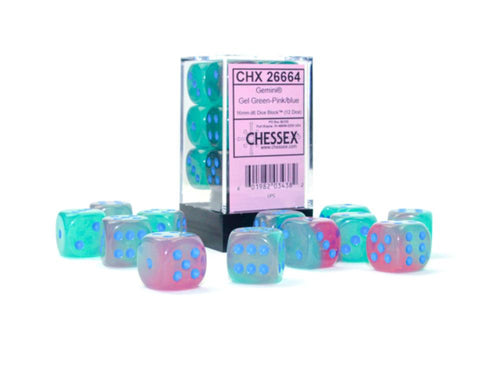 CHX 26664 GEMINI GEL GREEN-PINK/BLUE LUMINARY 16MM D6  12 DICE SET