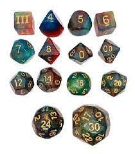 DCC UNLEASHED ARCANA PRISMATIC SPRAY 14 PIECE DICE SET