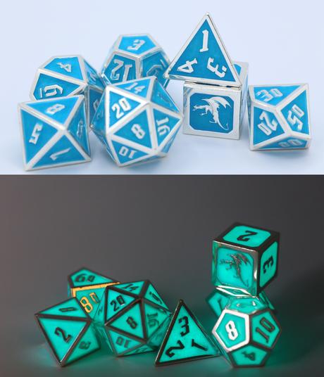 GLOW IN THE DARK BLUE - SOLID METAL DRACONIS DICE SET