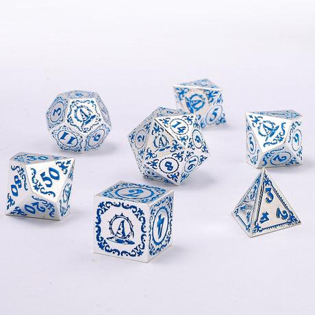 SILVER W/ BLUE - SOLID METAL WIZARD DICE SET