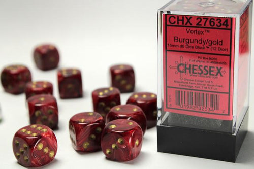CHX 27634 VORTEX BURGUNDY/GOLD 16MM D6 DICE DET 12 DICE