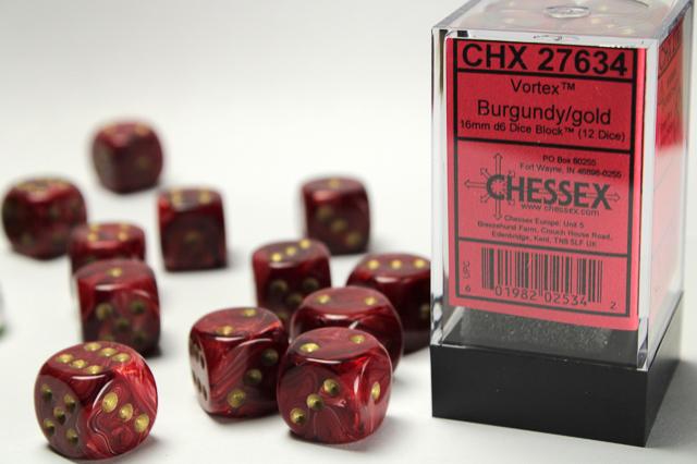 CHX 27634 VORTEX BURGUNDY/GOLD 16MM D6 DICE DET 12 DICE