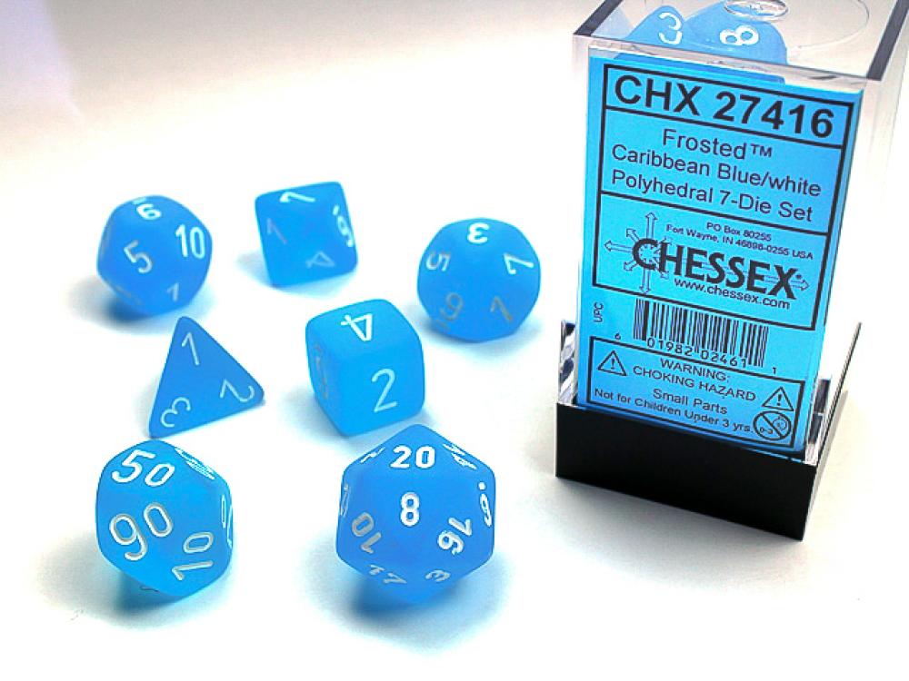 CHX 27416 FROSTED CARRIBEAN BLUE /WHITE POLYHEDRAL 7-DICE SET