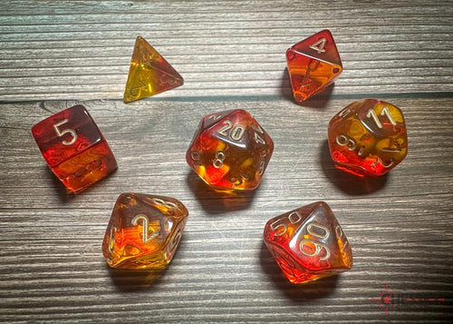 CHX 26468 GENIMI TRANSLUCENT RED-YELLOW/GOLD POLYHEDRAL 7-DICE SET